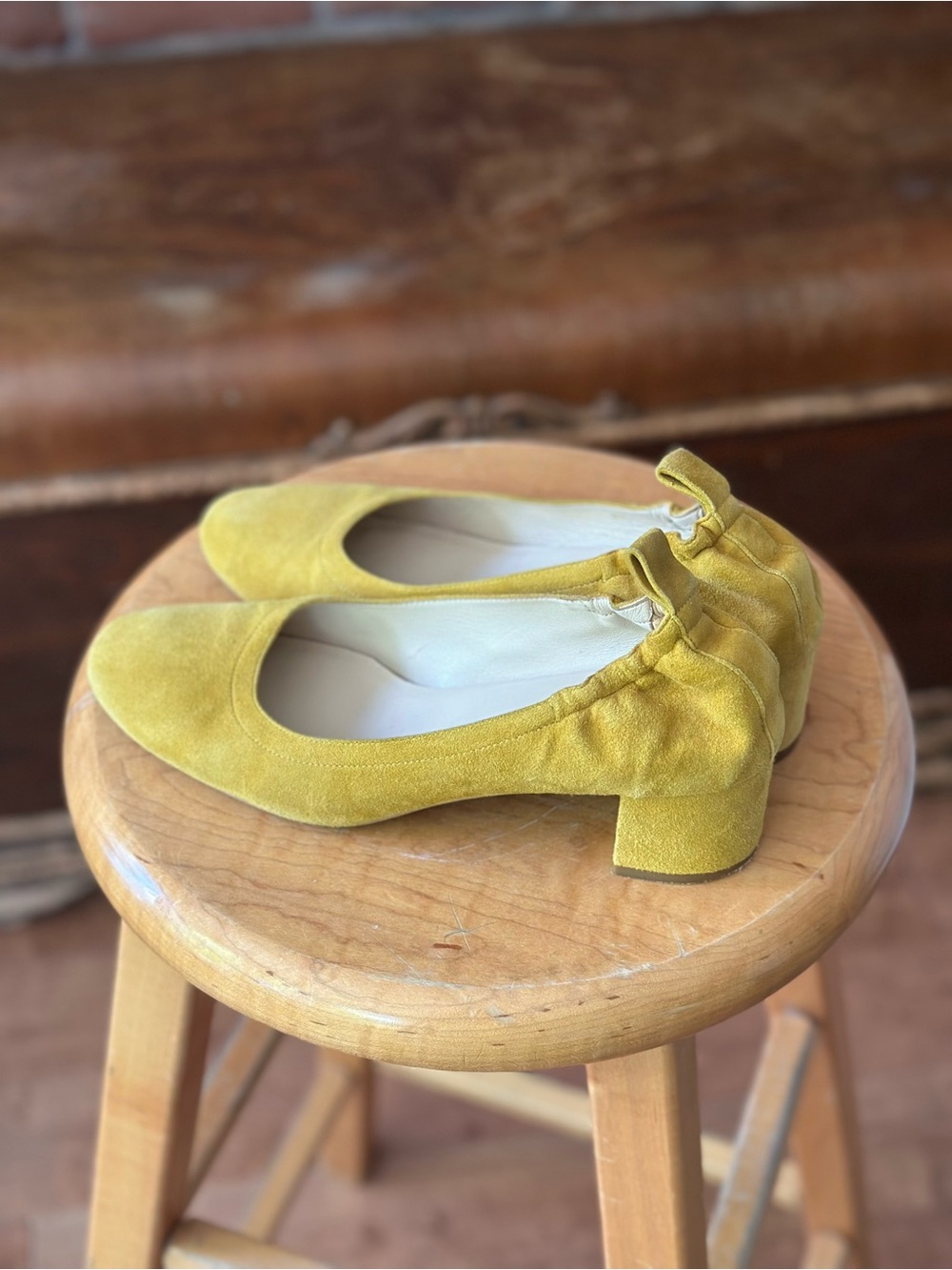 Mustard Yellow Suede Block Heel Pumps Round Toe Leather Shoes
